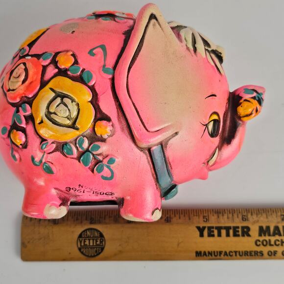 VTG 1968 hot pink elephant bank Japan floral Holiday Fair - Picture 8 of 9